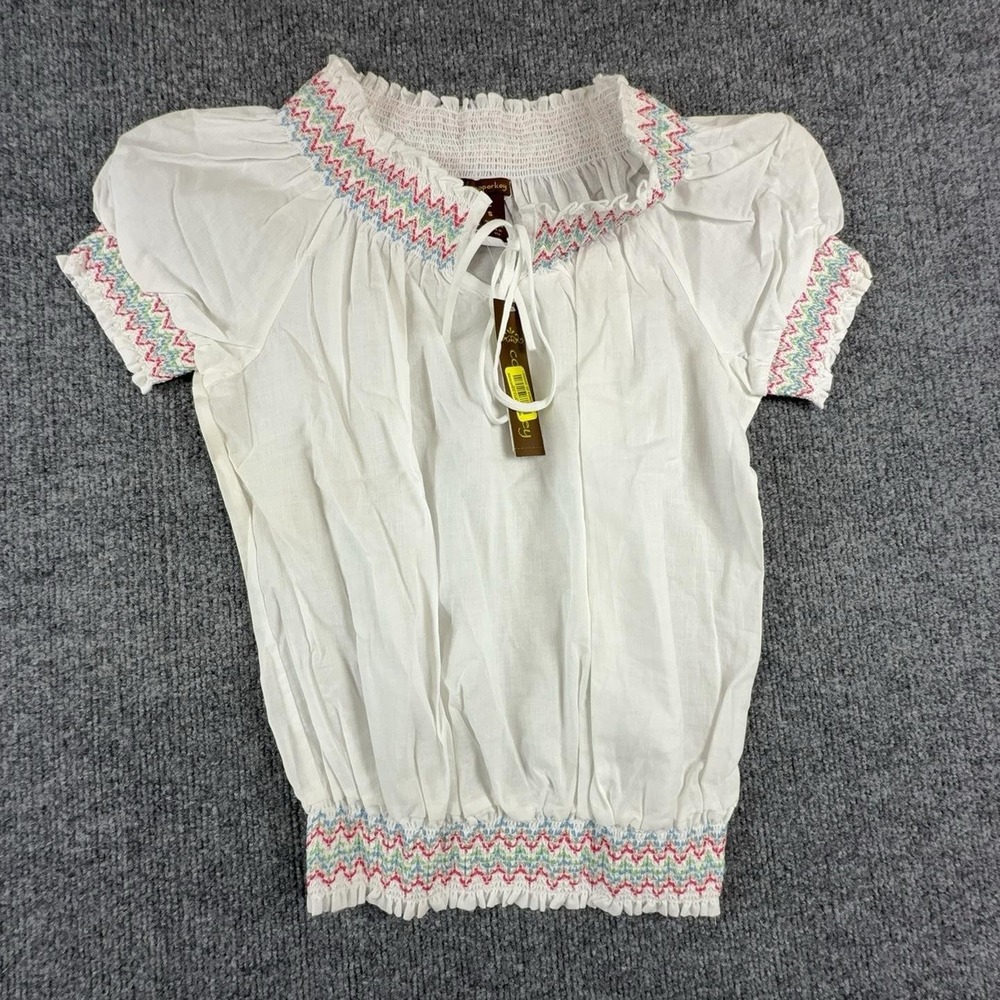 Copper Key Blouse Girls S White Chevron Smocked High Neck Short Sleeve Top